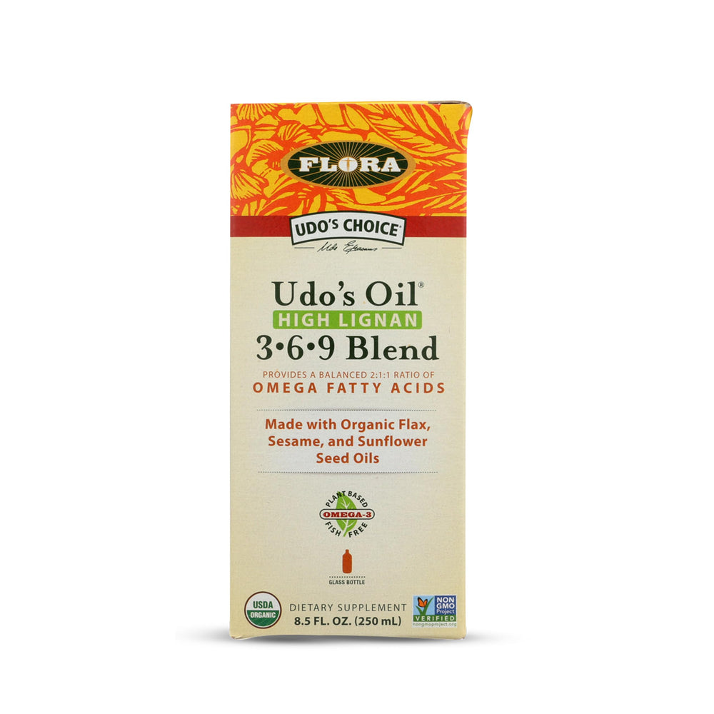 Flora Udo's Choice Omega 3-6-9 bottle in a kitchen shelf, ready for daily use