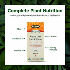 Flora Udo's Omega 369 ingredients spread with flax, sesame and sunflower oils