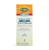 Flora Udo's Oil DHA 3-6-9 bottle label highlighting vegan DHA and organic oils.