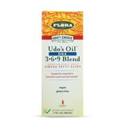 Flora Udo's Oil DHA 3-6-9 bottle label highlighting vegan DHA and organic oils.