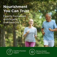 Closeup of Flora Udo's Oil label showing algae-based DHA and organic ingredients.