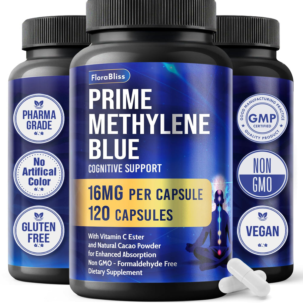 FloraBliss bottle with 120 Methylene Blue capsules viewed front for daily cognitive support
