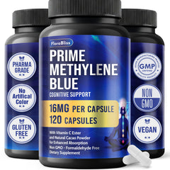 FloraBliss bottle with 120 Methylene Blue capsules viewed front for daily cognitive support