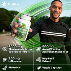 FloraBliss Ashwagandha KSM-66 bottle label close-up for stress resilience