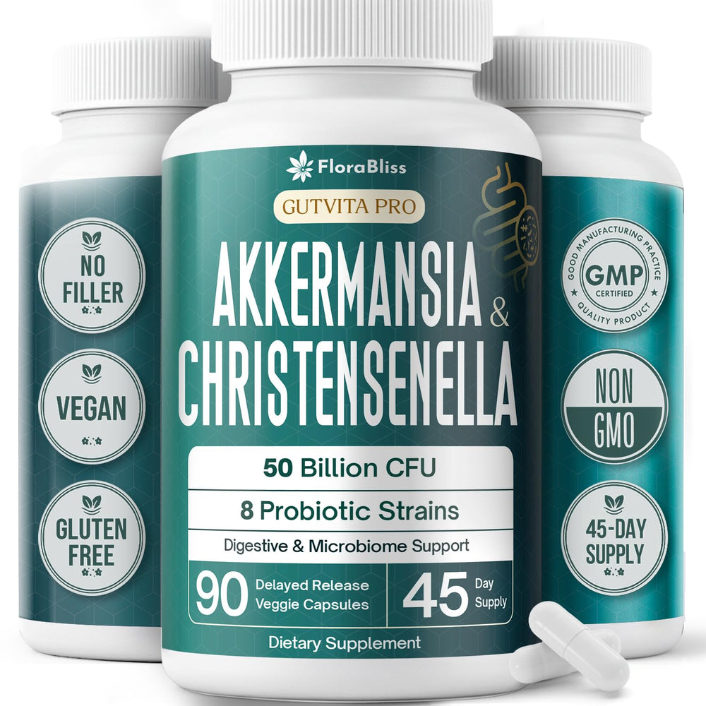 FloraBliss bottle front label showing 90 capsules for daily gut support.