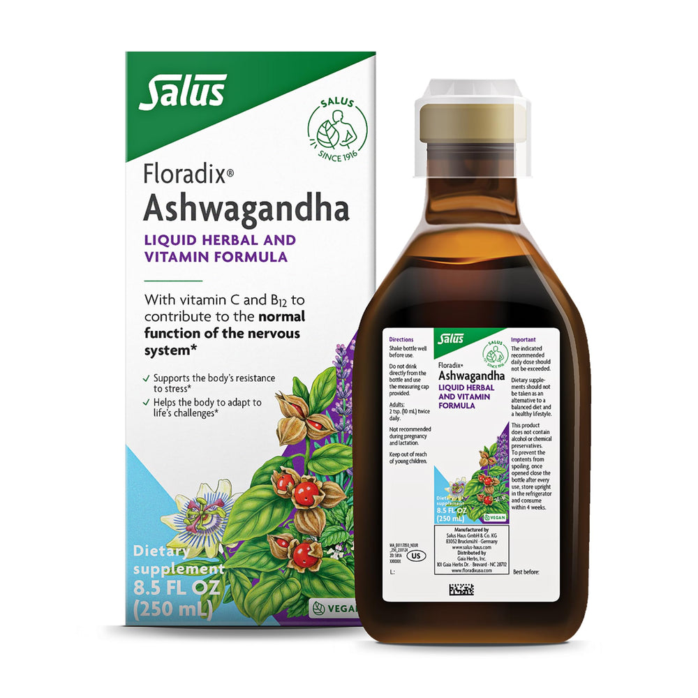 Floradix Ashwagandha liquid bottle highlighting herbal blend for daily stress support.