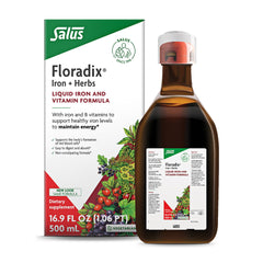 Floradix bottle with liquid formula illustrating energy support potential