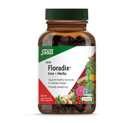 Floradix Iron + Herbs bottle being poured for easy daily iron intake and energy support