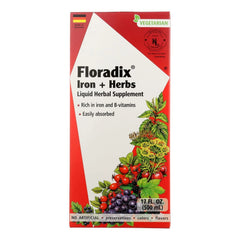 Floradix Iron and Herbs bottle pour highlights convenient liquid iron with herbal blend