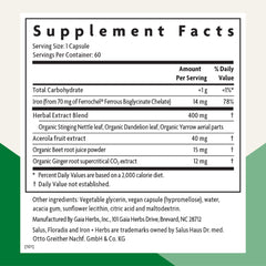 Floradix Iron + Herbs liquid pour indicating easy daily dosing.