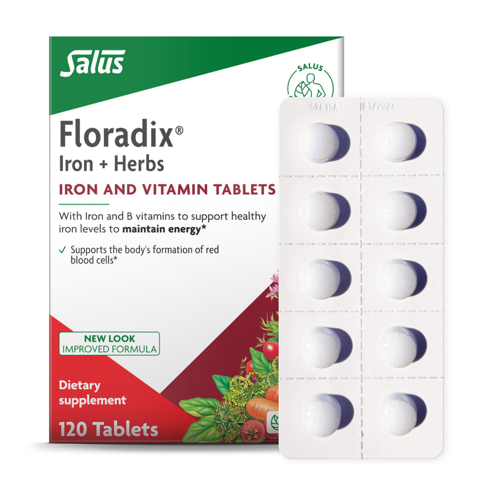 Floradix Iron Tablets bottle showing iron with B vitamins for daily energy support.