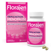 Florajen Triple-Action Menopause Probiotic bottle pour, a simple daily ritual for balance.