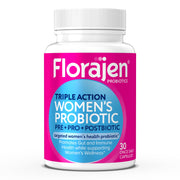 Florajen Women's Complete bottle label highlights vegan and gluten-free gut support.