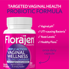 Label close-up on Florajen packaging highlights gluten-free and vegan features.