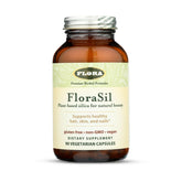 FloraSil bottle close-up highlighting horsetail silica for hair, skin, and nails.