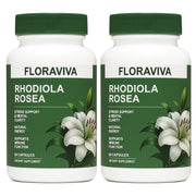 Floraviva Rhodiola Rosea capsules bottle front for stress support.