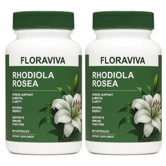 Floraviva Rhodiola Rosea capsules bottle front for stress support.