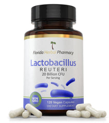 Florida Herbal Pharmacy Lactobacillus Reuteri bottle highlighting high-potency probiotic for gut health.