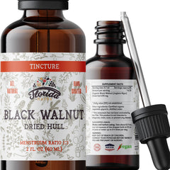 Florida Herbs Black Walnut Tincture bottle pour highlights convenient daily use.
