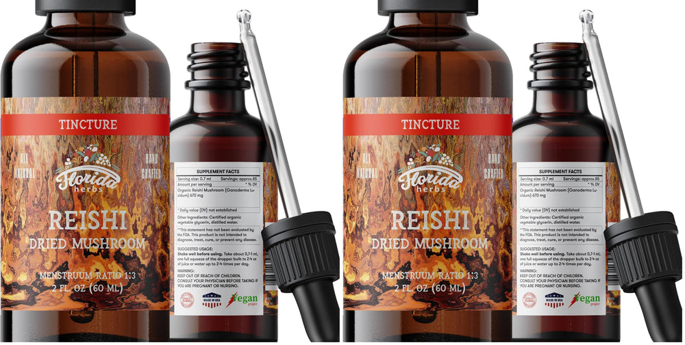 Florida Herbs Reishi tincture bottle with dropper for daily wellness use.