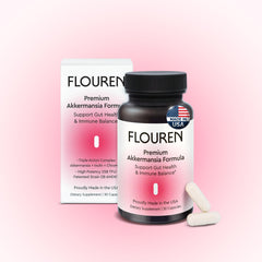 FLOUREN Gut Health bottle label highlights EB-AMDK19 postbiotic benefits for gut balance.