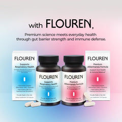 FLOUREN probiotic capsules closeup showcases high-potency postbiotic capsules for digestive comfort.