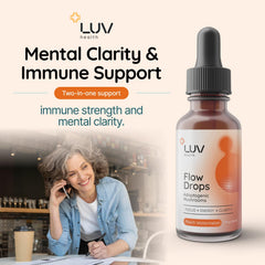 Flow Drops LUV bottle showing immune-support mushrooms like Chaga and Turkey Tail.