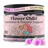 Flower Child breastfeeding gummies bottle promotes lactation support for moms