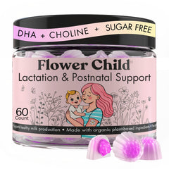 Flower Child breastfeeding gummies bottle promotes lactation support for moms