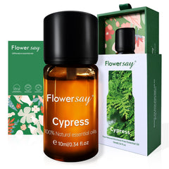 FLOWERSAY Cypress essential oil bottle closeup for diffuser use and calming fragrance.