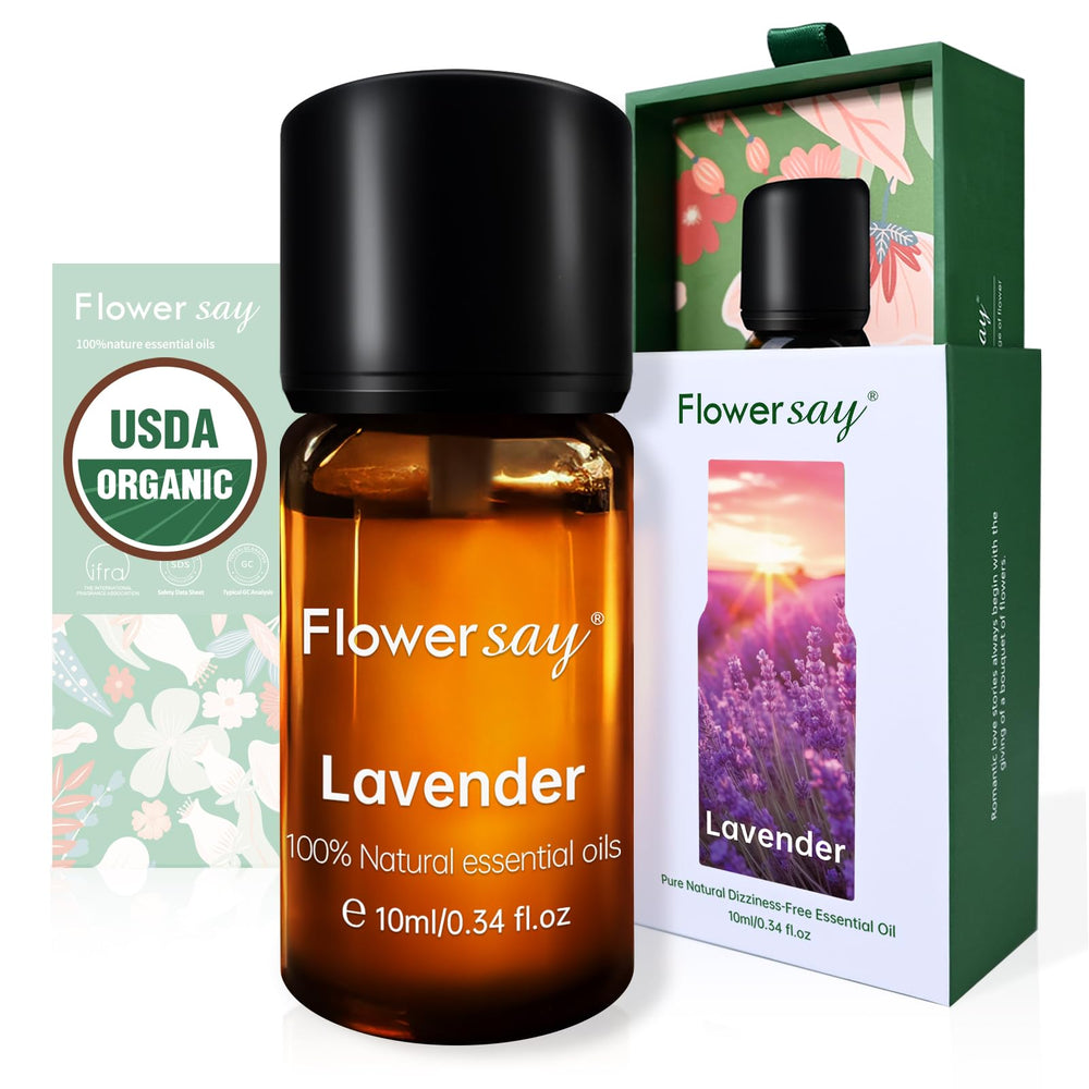 FLOWERSAY Organic Lavender Oil bottle delivering calming aroma for relaxation.