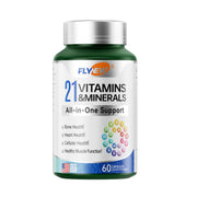 Flynew multivitamin bottle front showing a 21-in-1 formula for daily vitality.