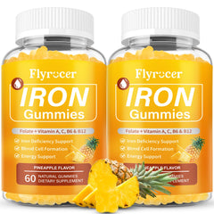 Flyrocer 2-pack vegan iron gummies bottle, pineapple flavor, ideal for daily iron support.