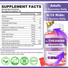 Flyrocer L-Theanine Gummies bottle label highlighting ingredients and vegan formula.