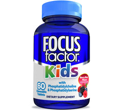 Focus Factor Kids chewables bottle with berry flavor for daily brain-supporting nutrition.