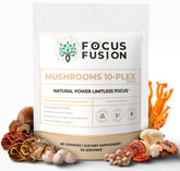 Focus Fusion 10-Plex Gummies bottle front highlighting vegan, non-caffeinated daily energy.