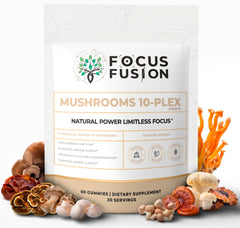 Focus Fusion 10-Plex Gummies bottle front highlighting vegan, non-caffeinated daily energy.
