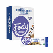 Fody Blueberry Almond snack bar pack on table, gluten-free and vegan.