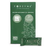 FODZYME on-the-go bottle pour demonstrates portable gut support while dining.