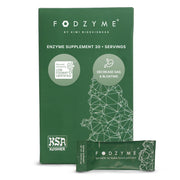FODZYME on-the-go bottle pour demonstrates portable gut support while dining.
