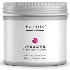 FOLIUS LABS Leucine bottle shows a clean-label purity for lean muscle support.