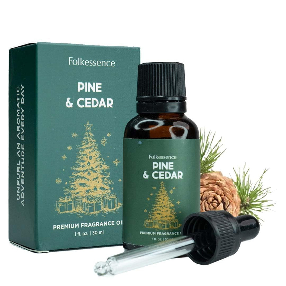 Folkulture Pine & Cedar essential oil bottle for home aromatherapy.
