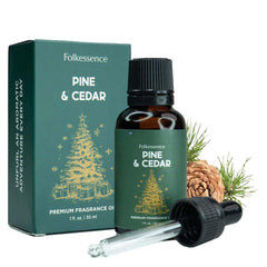 Folkulture Pine & Cedar essential oil bottle for home aromatherapy.