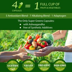 Folona Super Greens capsules closeup highlighting plant-based nutrients and antioxidant benefits.