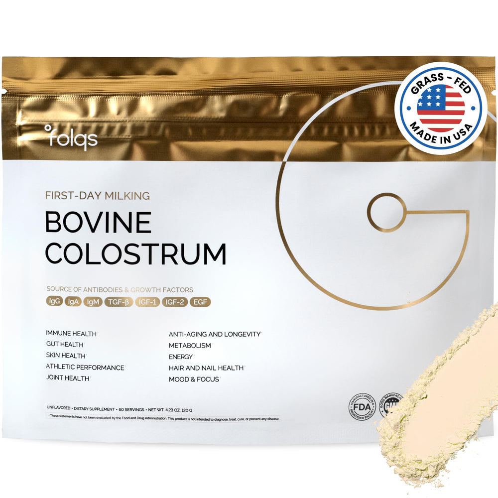 Folqs Bovine Colostrum Powder bottle front highlighting immune support potential.