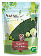 Food to Live Organic Spirulina Powder jar on counter, protein-packed vegan supplement.