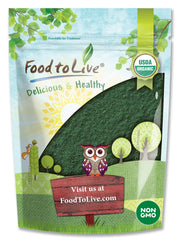 Food to Live Organic Spirulina Powder jar on counter, protein-packed vegan supplement.