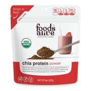 Foods Alive chia protein powder bag shows vegan protein and high fiber for smoothies
