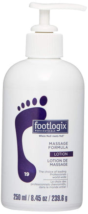Footlogix Massage Formula Lotion 8.45oz packaging shown for easy at home foot care.