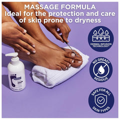 Application on feet demonstrates quick absorption without residue for soft skin.
